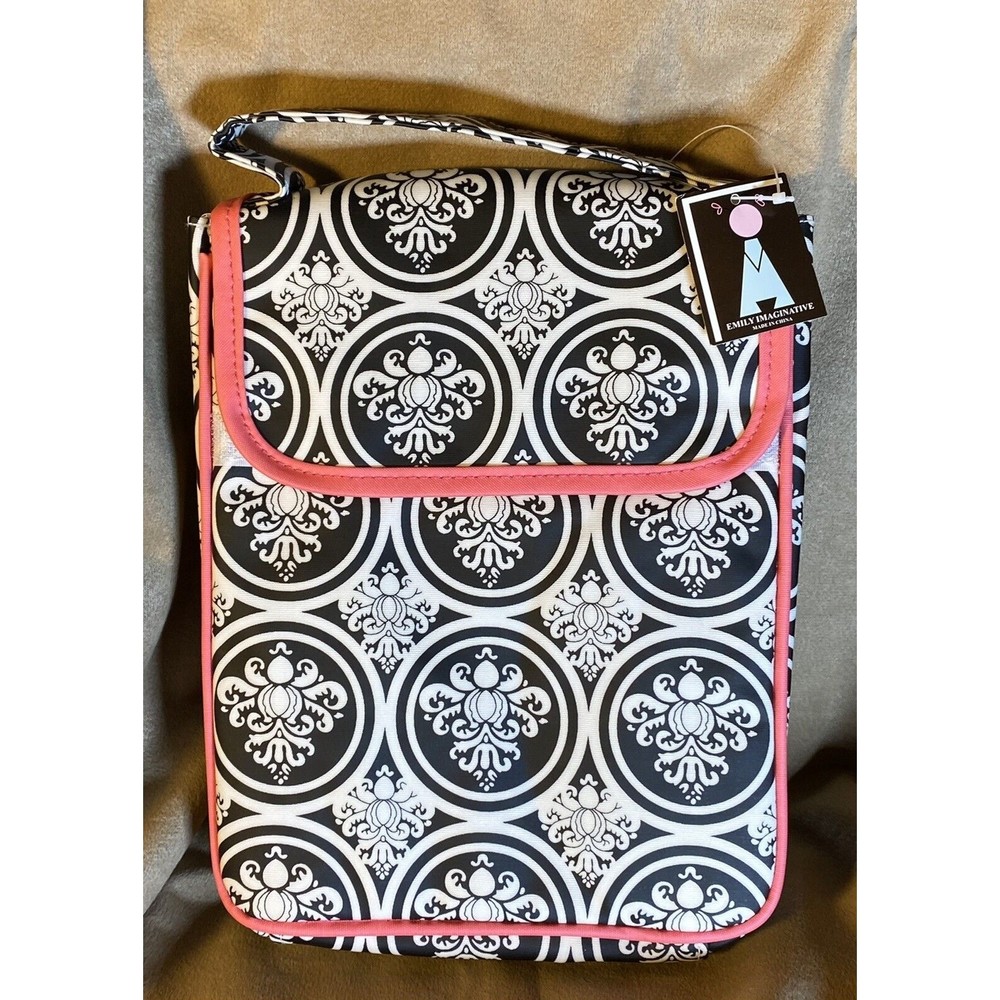 Insulated Lunch Sack NWT Vinyl Black and White Rococo Cabbage Rose with Pink